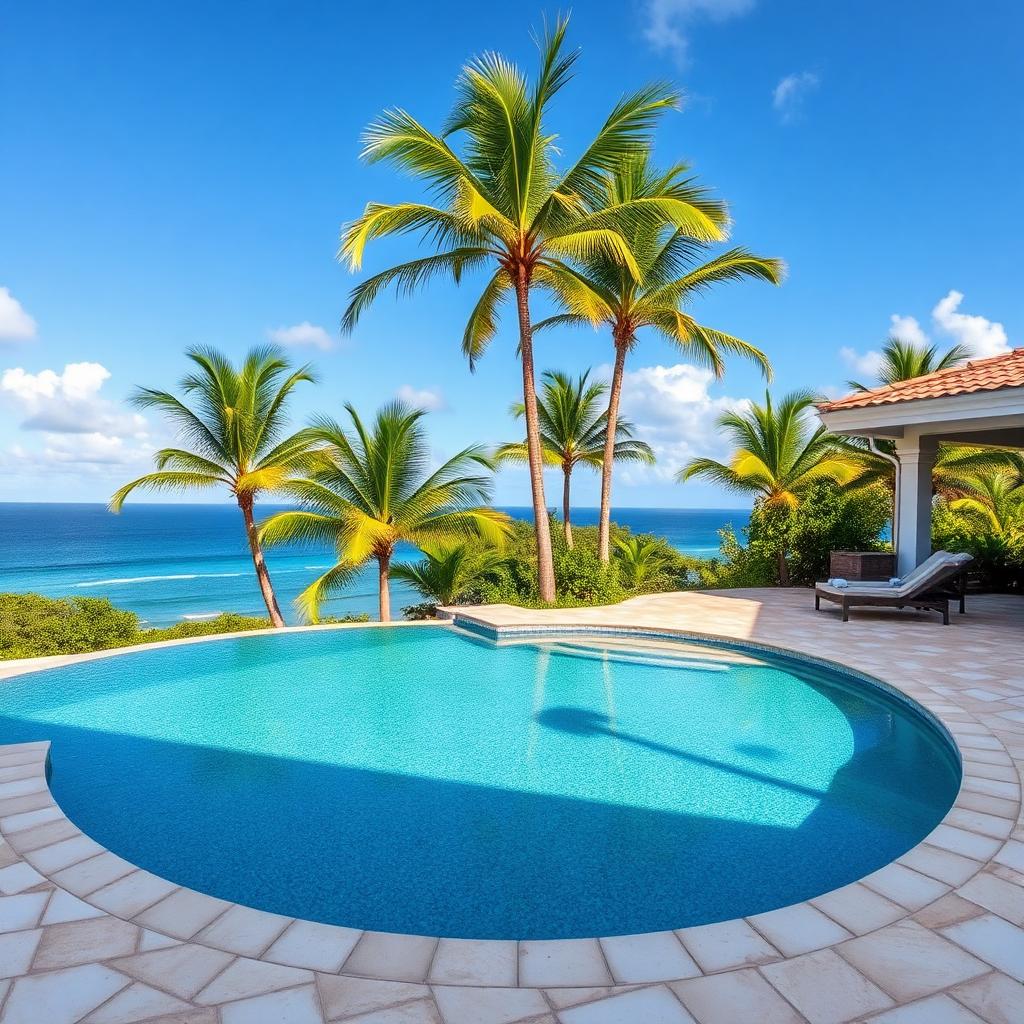 Terrasse et plage de piscine carrelées avec vue mer en Guadeloupe