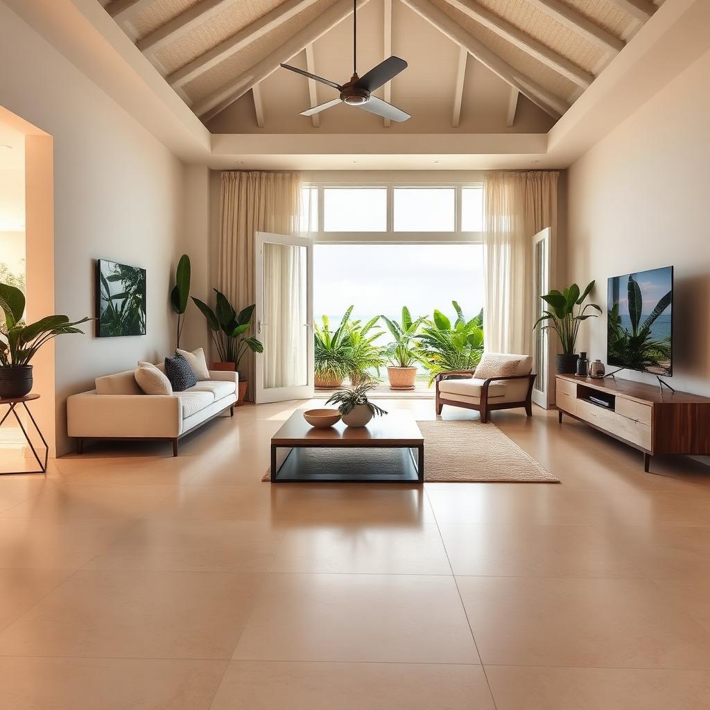 Salon avec carrelage grand format clair en Guadeloupe