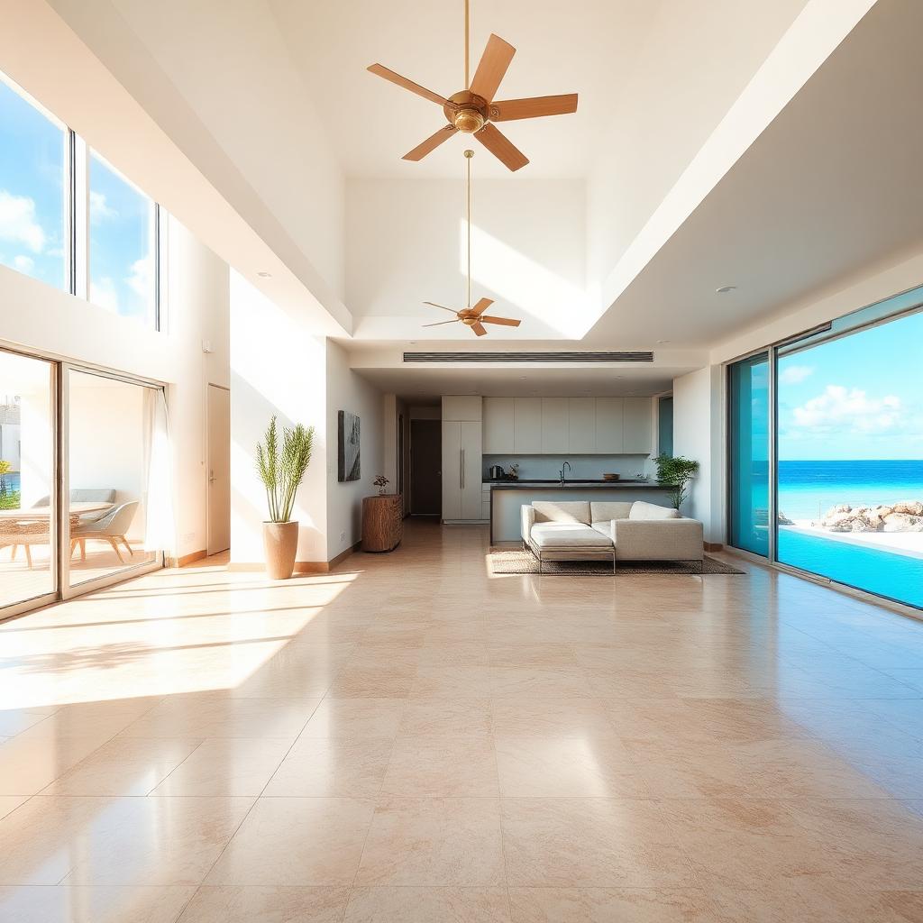 Sol carrelé clair dans un salon ouvert sur la mer en Guadeloupe